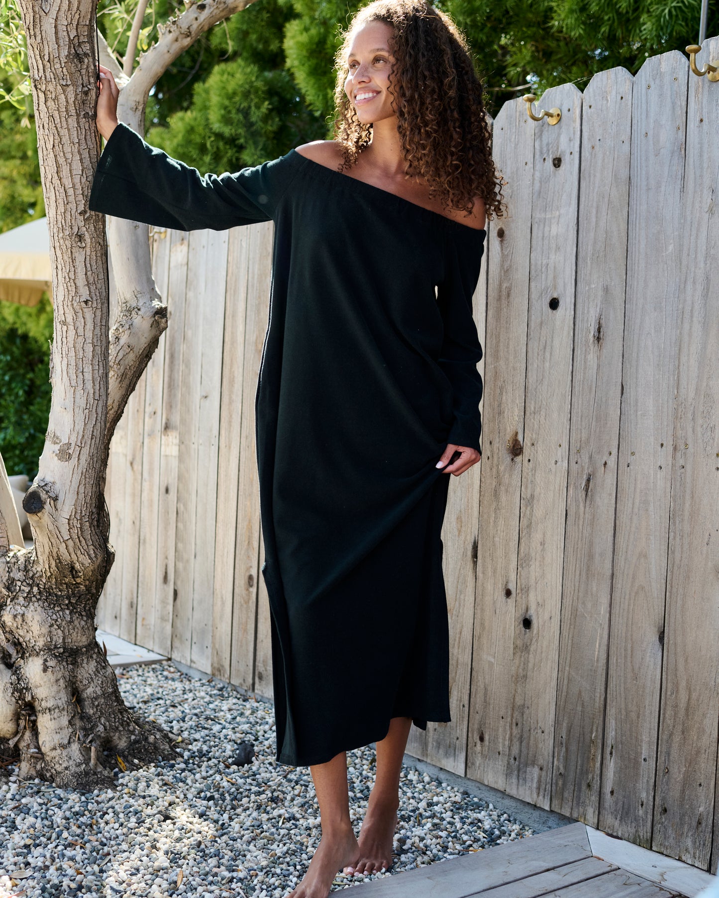 The Off the Shoulder Full Length Terry Dress - Thin Shaved Terry