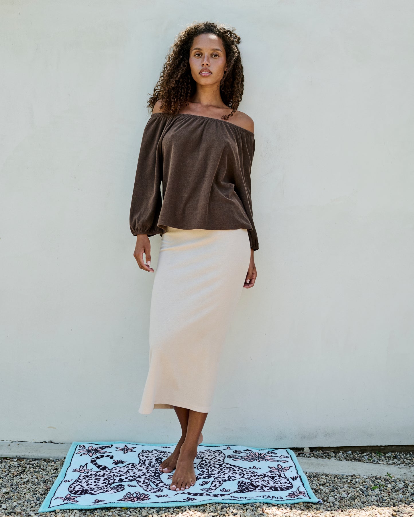 Scoop Neck Puff Sleeve Blouse Thin Shaved Terry