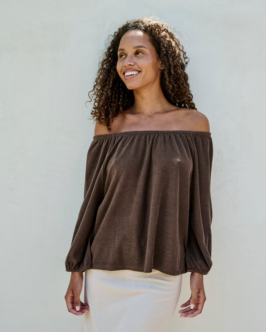 Scoop Neck Puff Sleeve Blouse Thin Shaved Terry