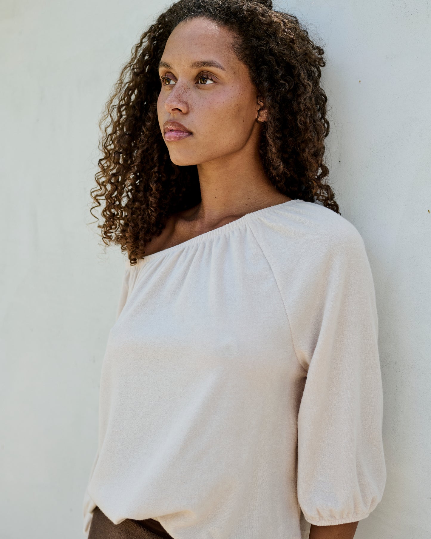 Scoop Neck Puff Sleeve Blouse Thin Shaved Terry