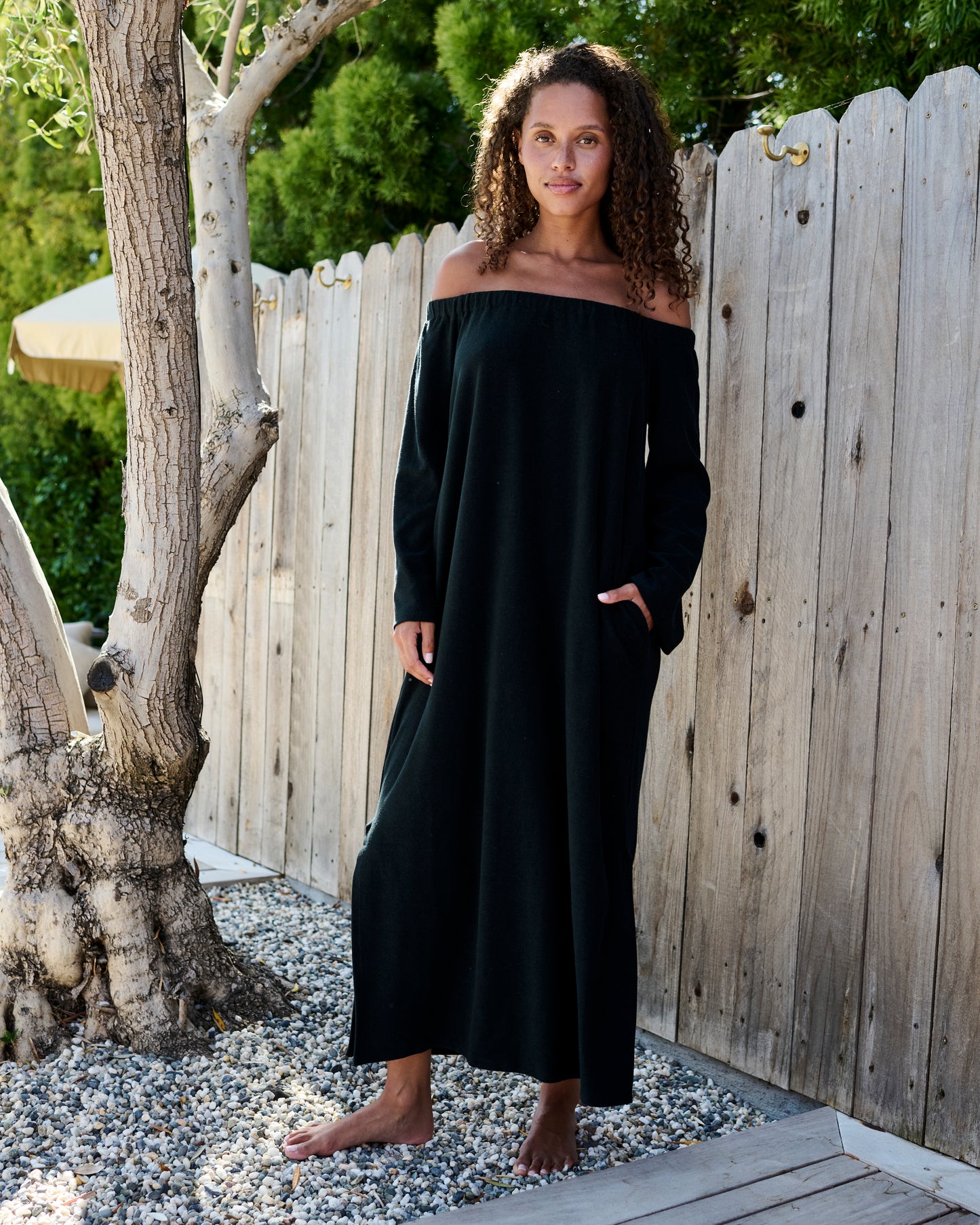 The Off the Shoulder Full Length Terry Dress - Thin Shaved Terry