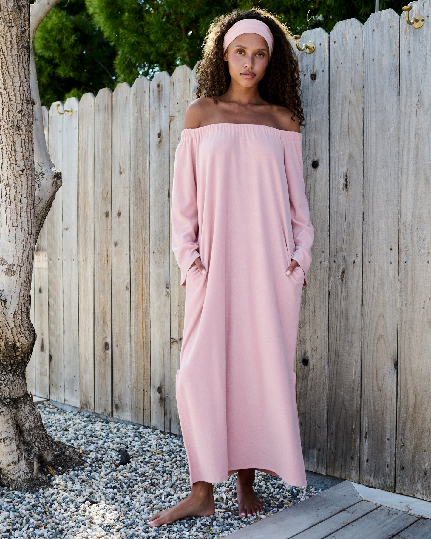 The Off the Shoulder Full Length Terry Dress - Thin Shaved Terry