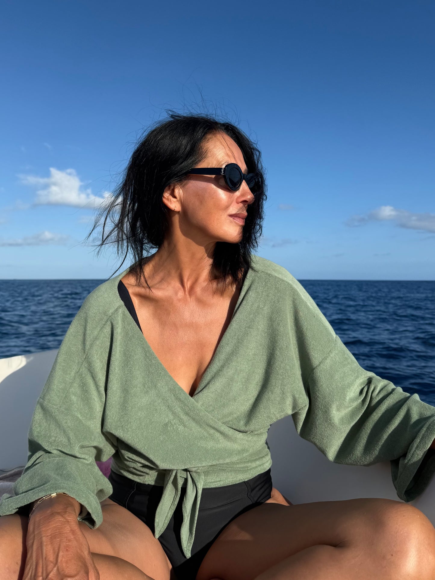 Long  Sleeve Wrap Top  - Thin Shaved Terry