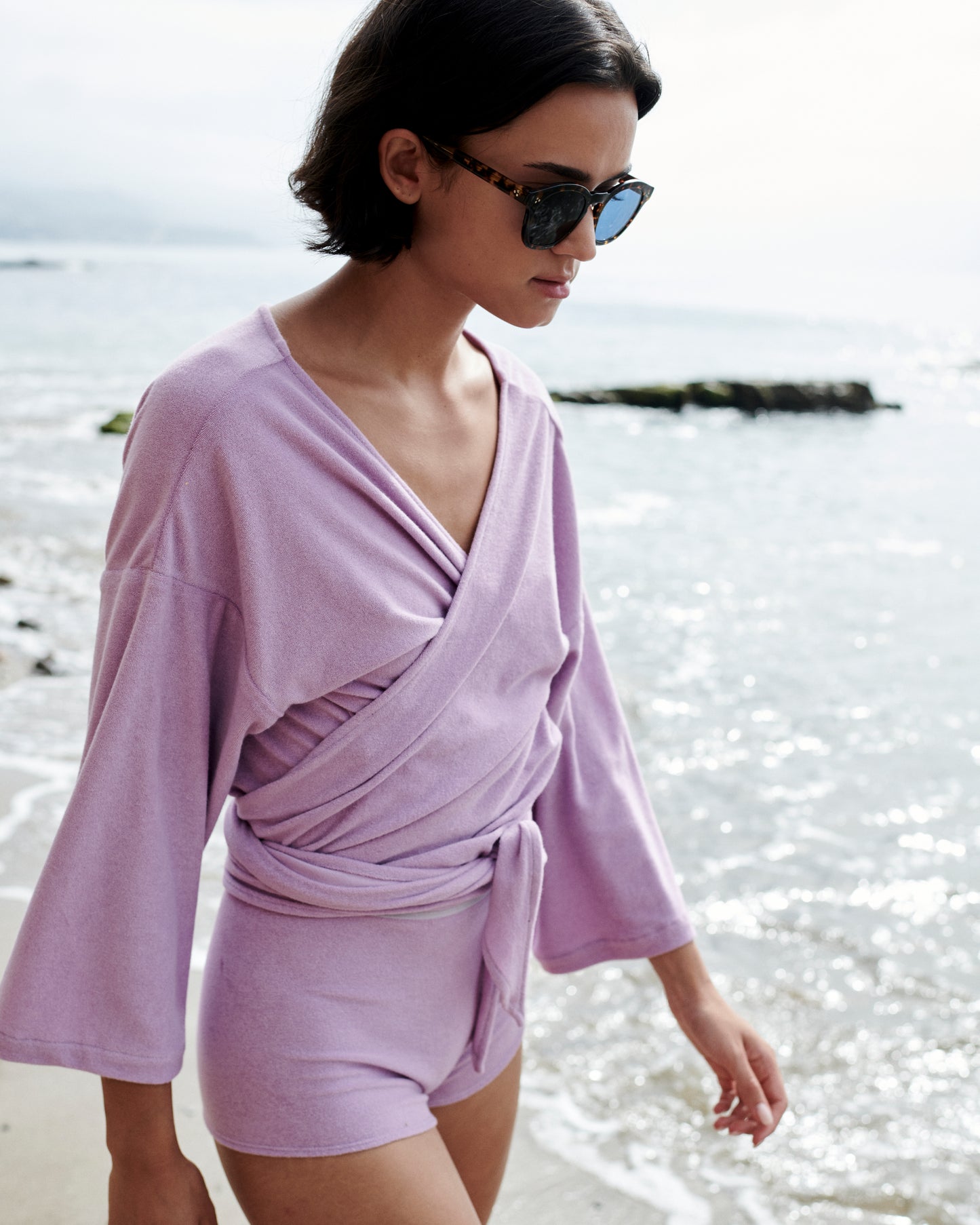 Long  Sleeve Wrap Top  - Thin Shaved Terry